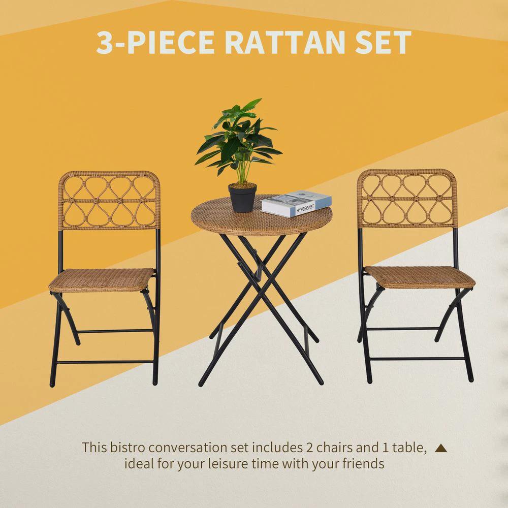 3 PCS Rattan Wicker Set Easy Folding, Hand Woven Rattan Coffee Table & Chairs by Outsunny