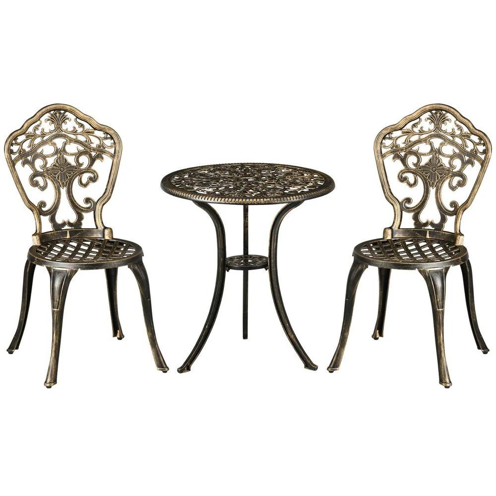 3 Piece Cast Aluminium Garden Bistro Set with Parasol Hole for Balcony, Patio by Outsunny
