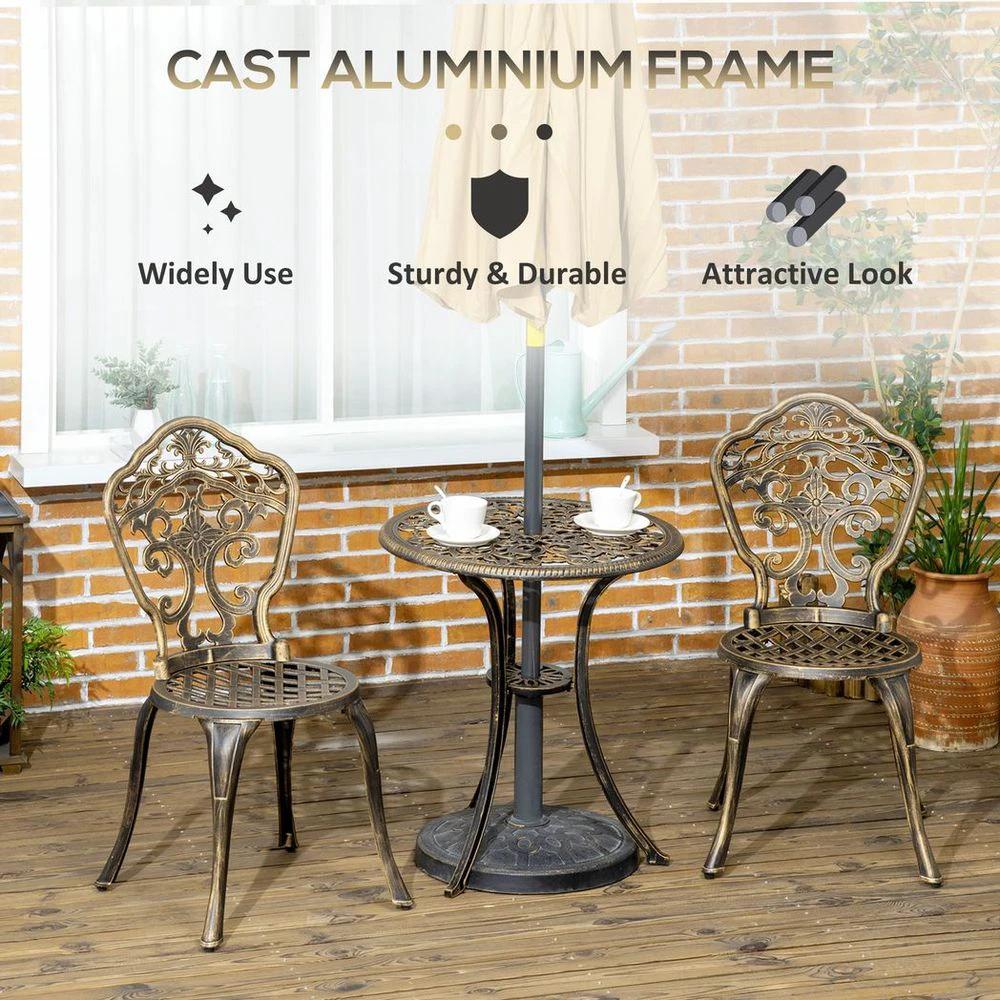 3 Piece Cast Aluminium Garden Bistro Set with Parasol Hole for Balcony, Patio by Outsunny