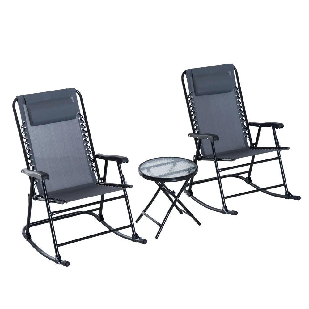 3 Piece Rocking Bistro Set, 2 Folding Chairs & 1 Tempered Glass Table, Grey by Outsunny