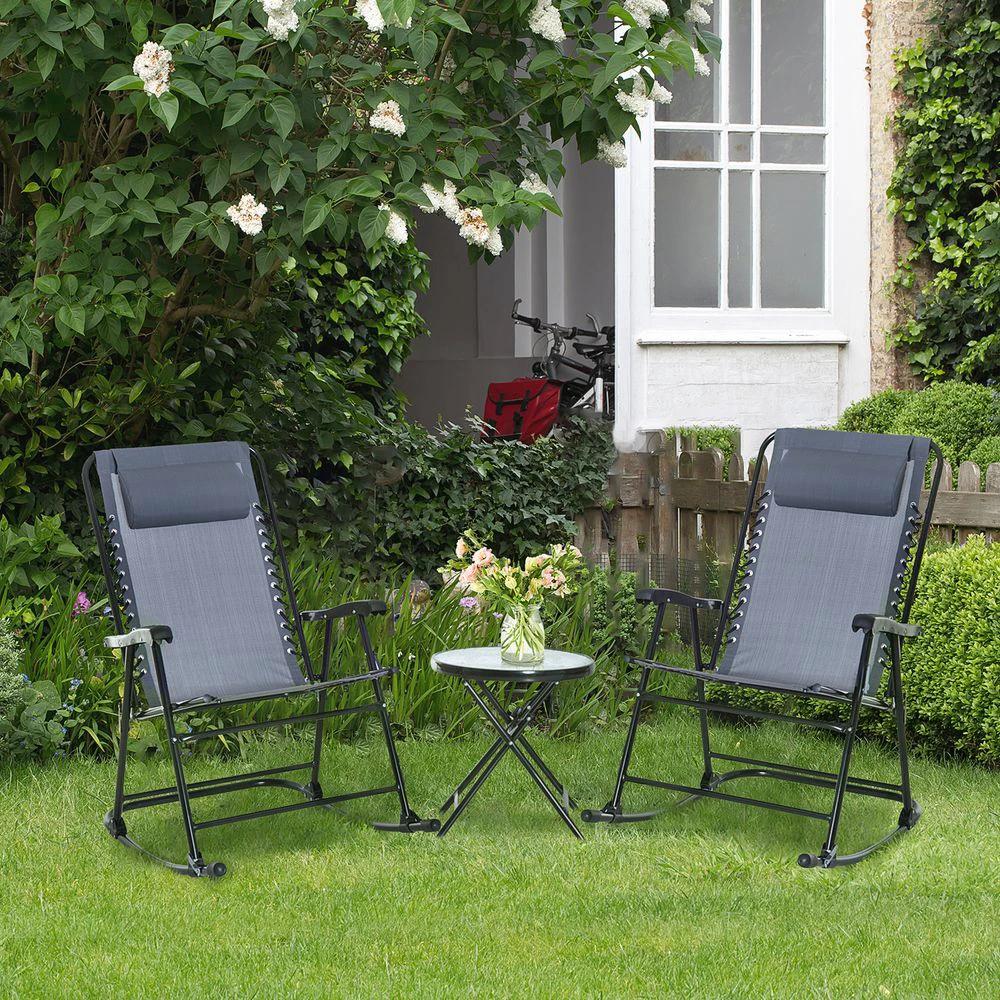 3 Piece Rocking Bistro Set, 2 Folding Chairs & 1 Tempered Glass Table, Grey by Outsunny