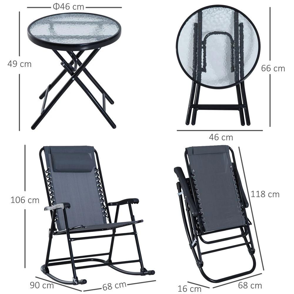 3 Piece Rocking Bistro Set, 2 Folding Chairs & 1 Tempered Glass Table, Grey by Outsunny