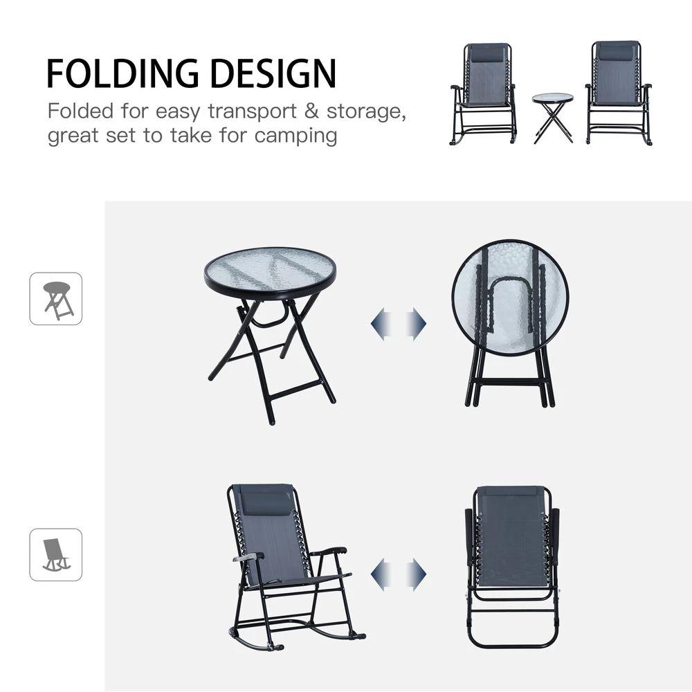 3 Piece Rocking Bistro Set, 2 Folding Chairs & 1 Tempered Glass Table, Grey by Outsunny