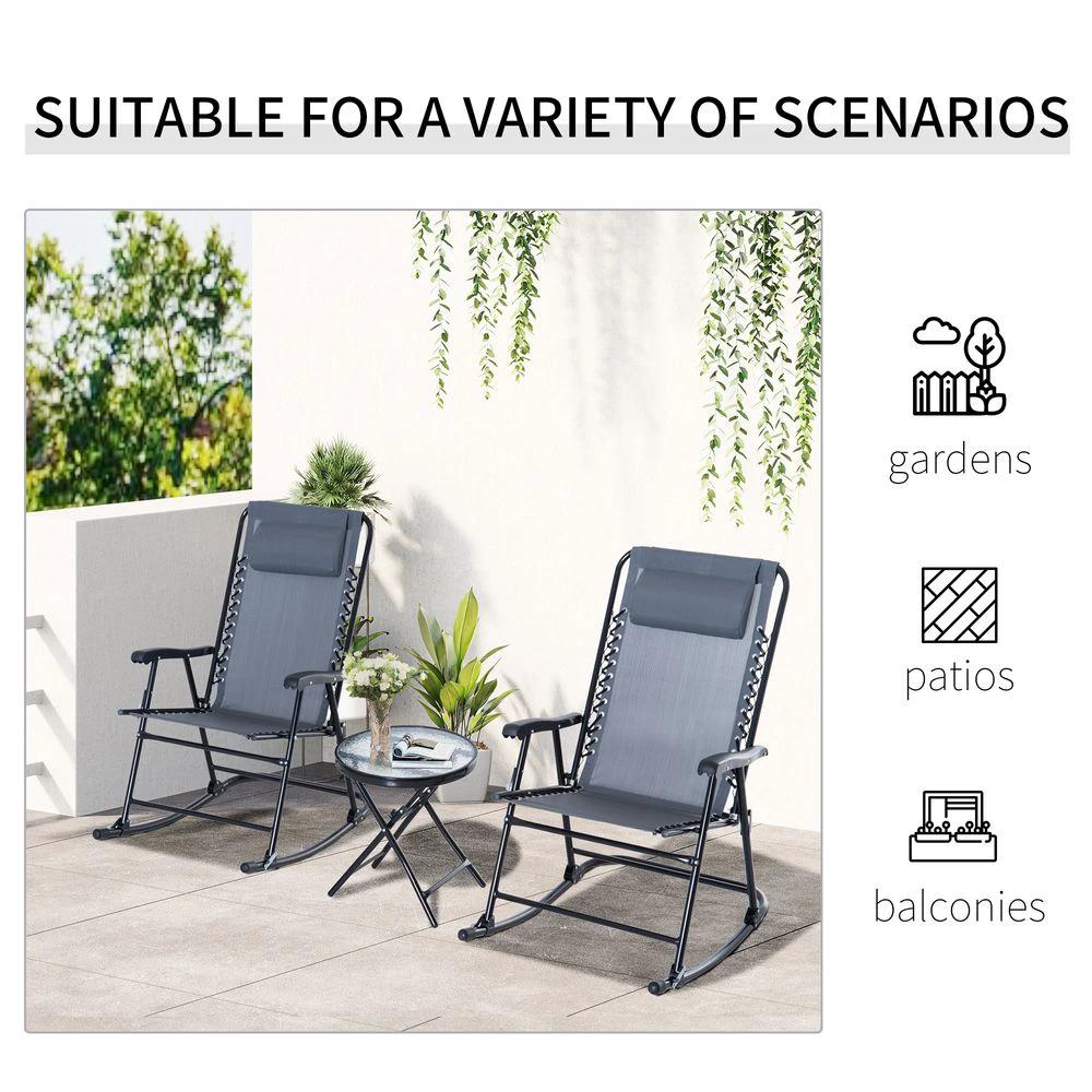 3 Piece Rocking Bistro Set, 2 Folding Chairs & 1 Tempered Glass Table, Grey by Outsunny