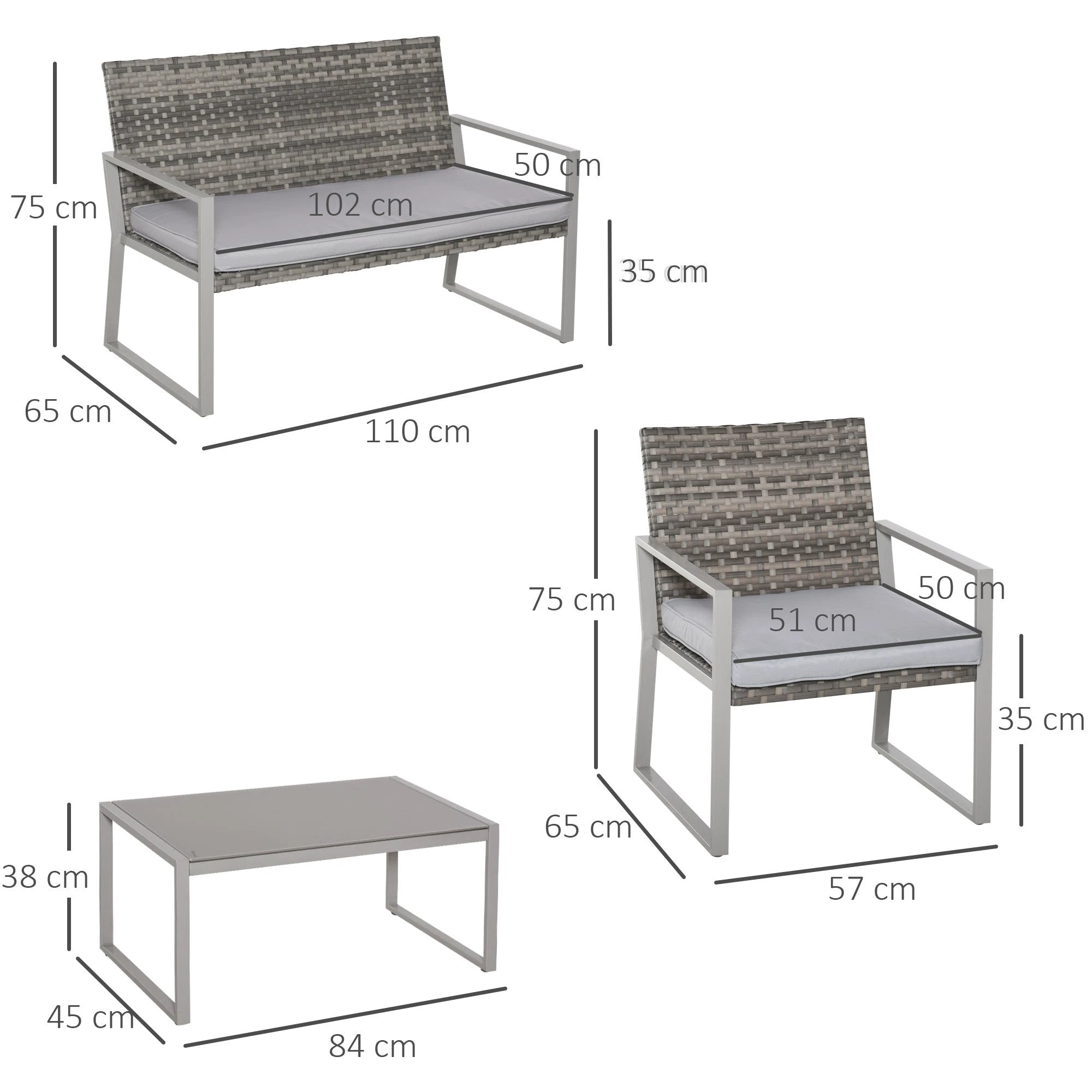 4-Piece Outdoor Garden Rattan Seating Furniture Set Grey by Outsunny