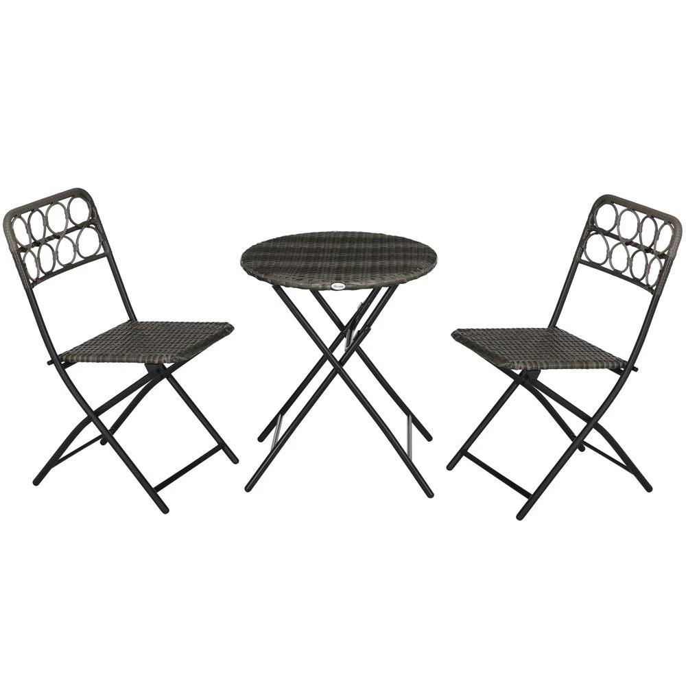 Outsunny 3 PCS Folding Rattan Wicker Bistro Set, Coffee Table Set, Grey by Outsunny