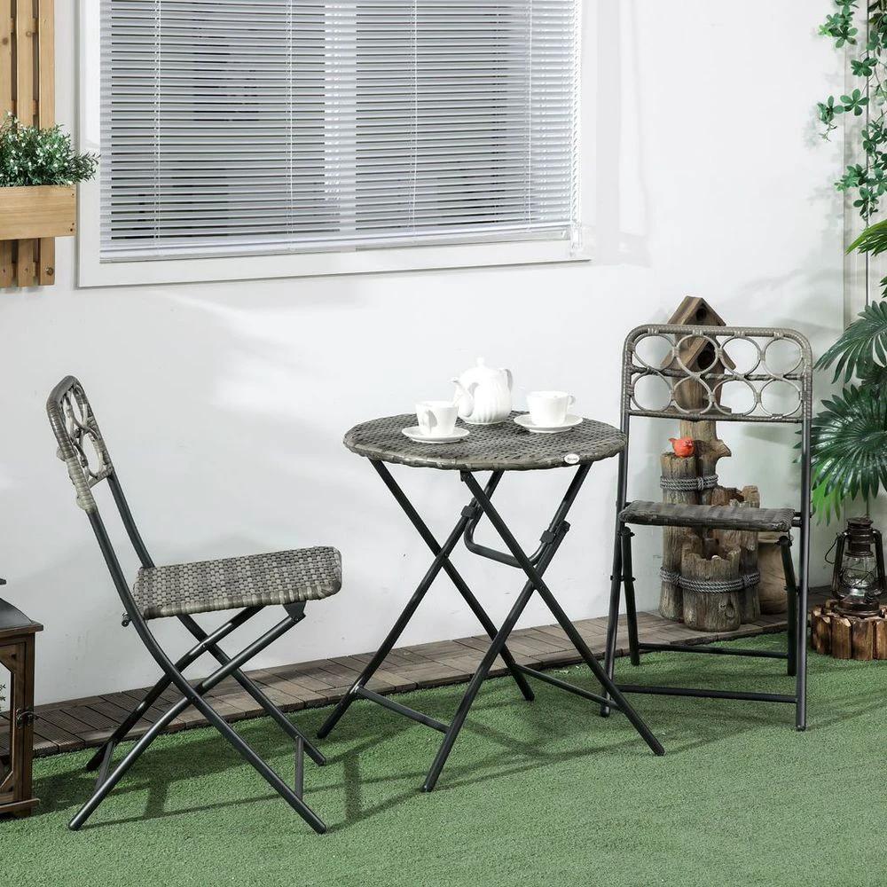 Outsunny 3 PCS Folding Rattan Wicker Bistro Set, Coffee Table Set, Grey by Outsunny