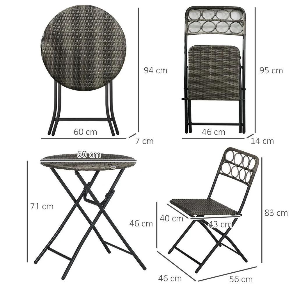 Outsunny 3 PCS Folding Rattan Wicker Bistro Set, Coffee Table Set, Grey by Outsunny