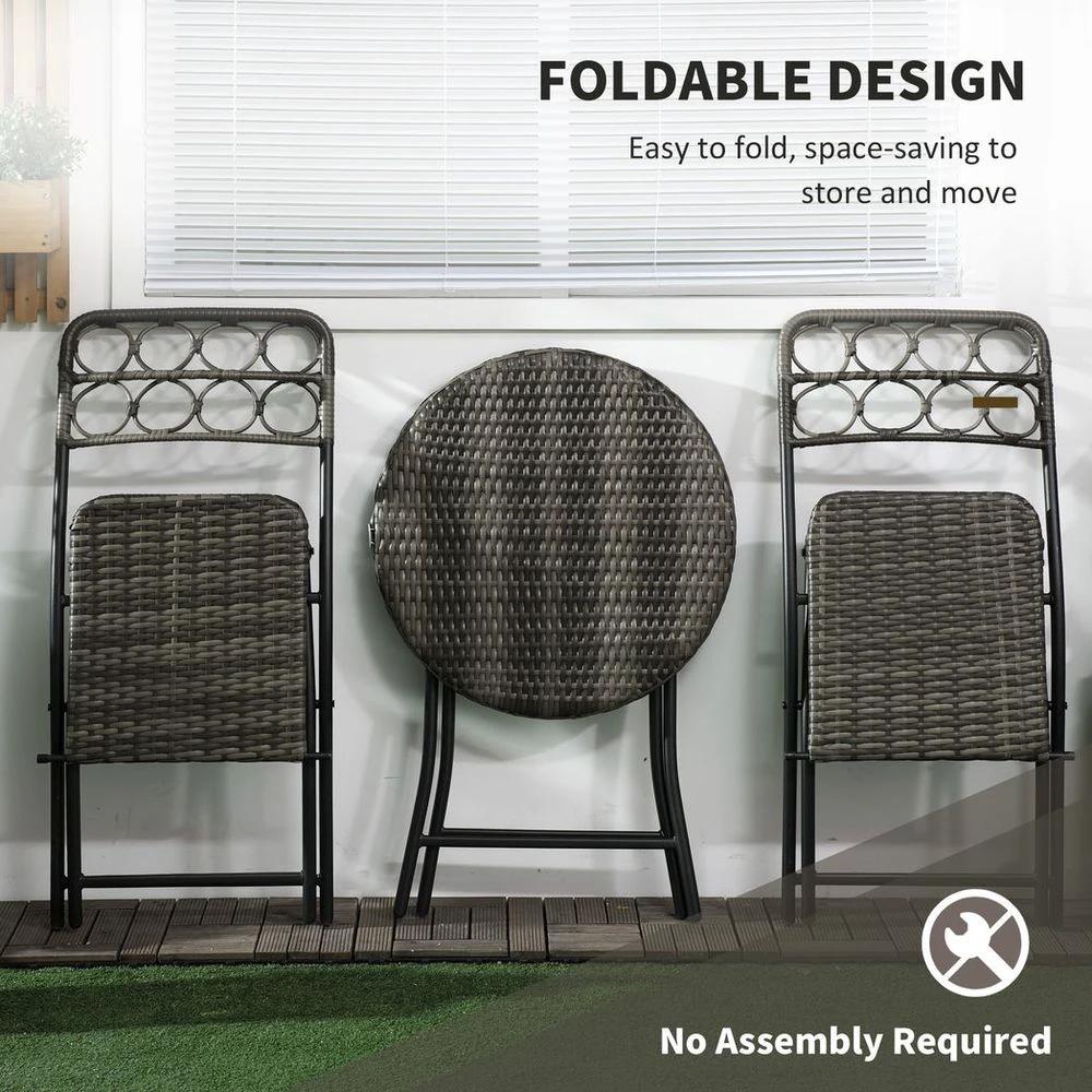 Outsunny 3 PCS Folding Rattan Wicker Bistro Set, Coffee Table Set, Grey by Outsunny