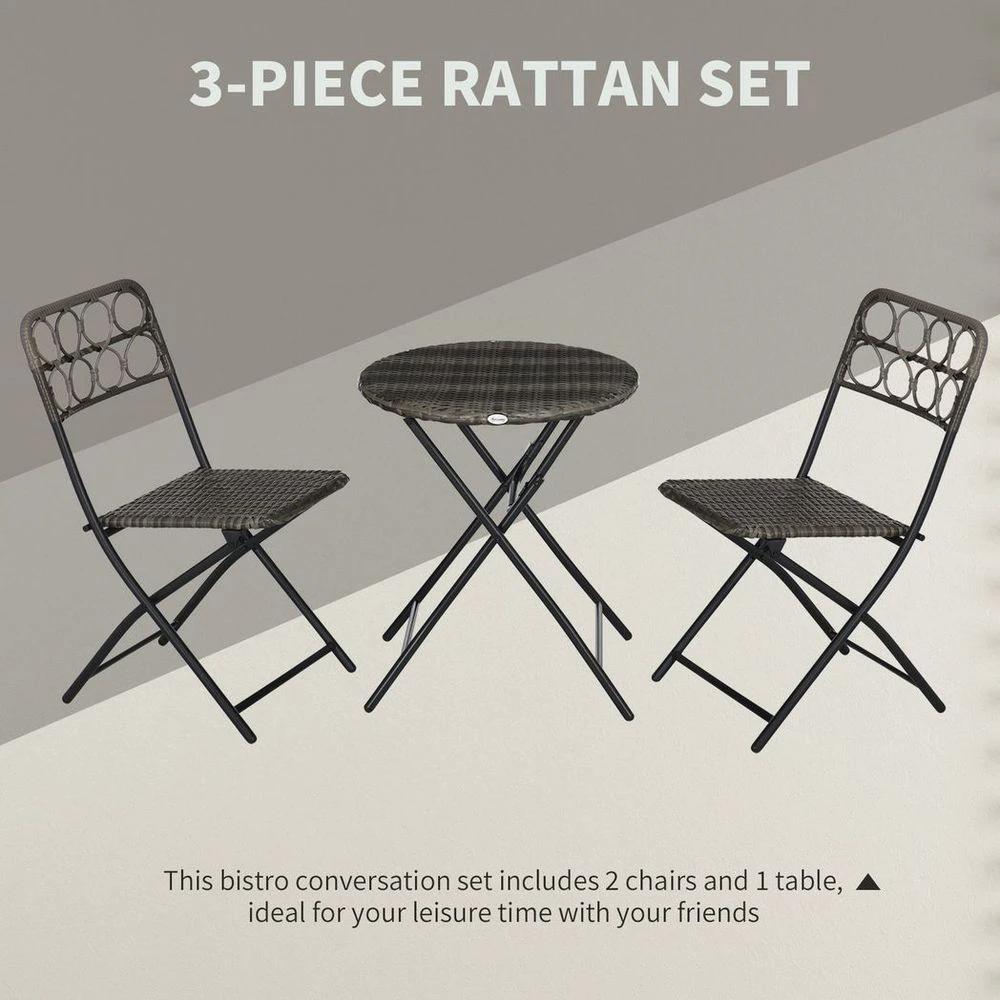 Outsunny 3 PCS Folding Rattan Wicker Bistro Set, Coffee Table Set, Grey by Outsunny