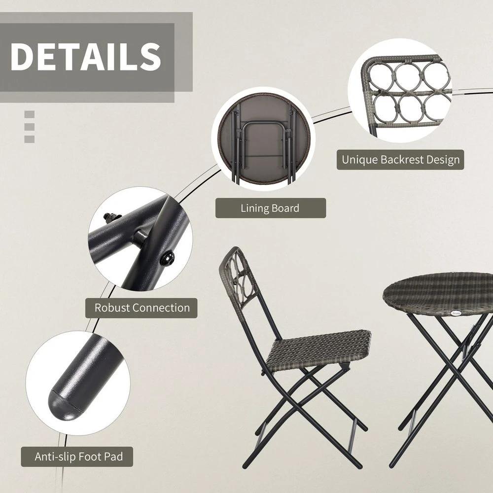 Outsunny 3 PCS Folding Rattan Wicker Bistro Set, Coffee Table Set, Grey by Outsunny