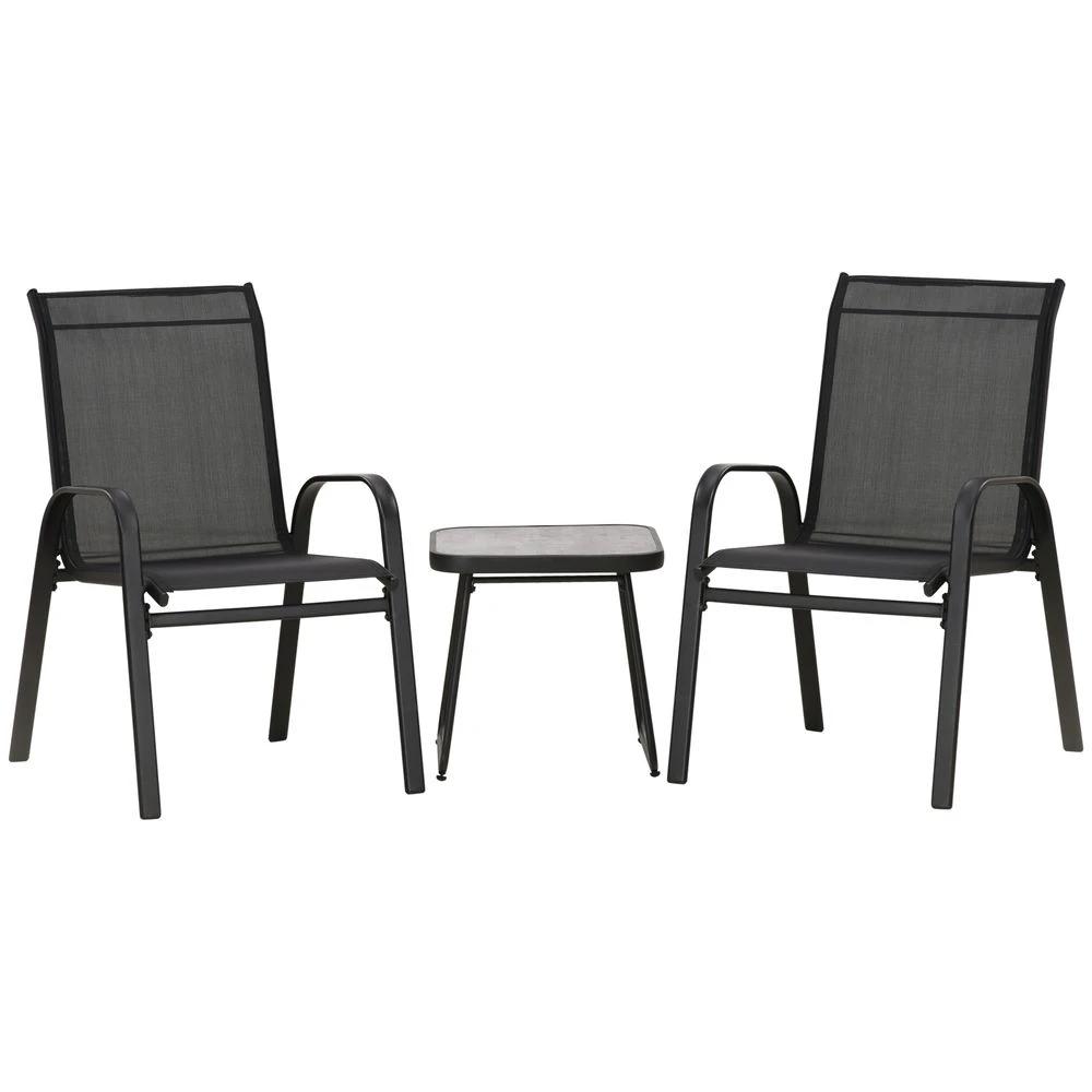 Outsunny 3PCs Bistro Set w/ Breathable Mesh Fabric & PSC Board Top Table, Black by Outsunny