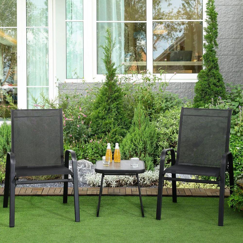 Outsunny 3PCs Bistro Set w/ Breathable Mesh Fabric & PSC Board Top Table, Black by Outsunny