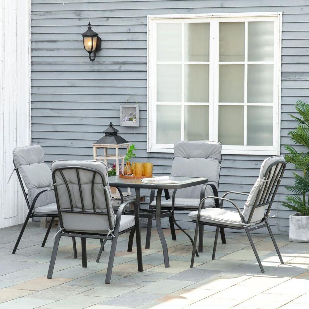 Outsunny Garden Dining Set, Glass Table w/ Umbrella Hole & Texteline Seats by Outsunny