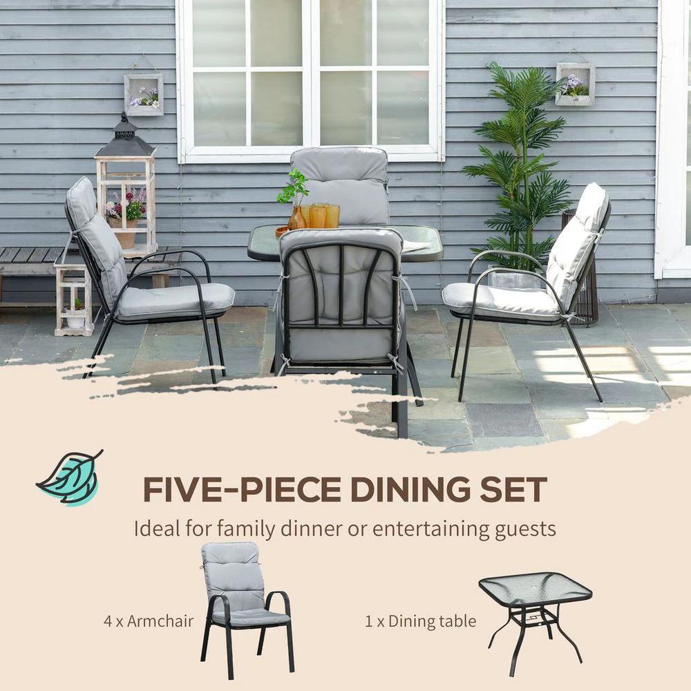 Outsunny Garden Dining Set, Glass Table w/ Umbrella Hole & Texteline Seats by Outsunny