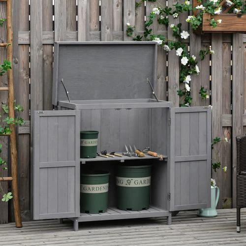 74x43x88cm Garden Shed Storage Wooden Chest Double Doors Shelf Hinged Roof by Outsunny