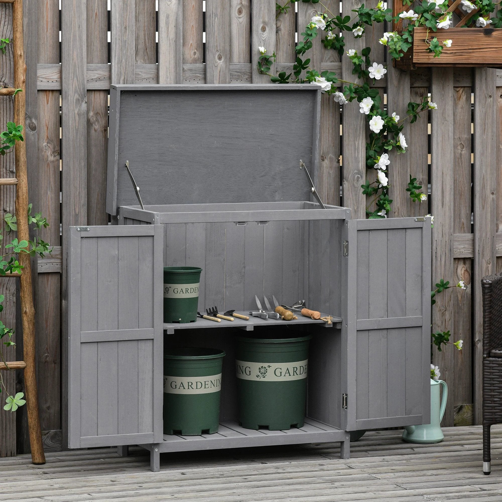 74x43x88cm Garden Shed Storage Wooden Chest Double Doors Shelf Hinged Roof by Outsunny