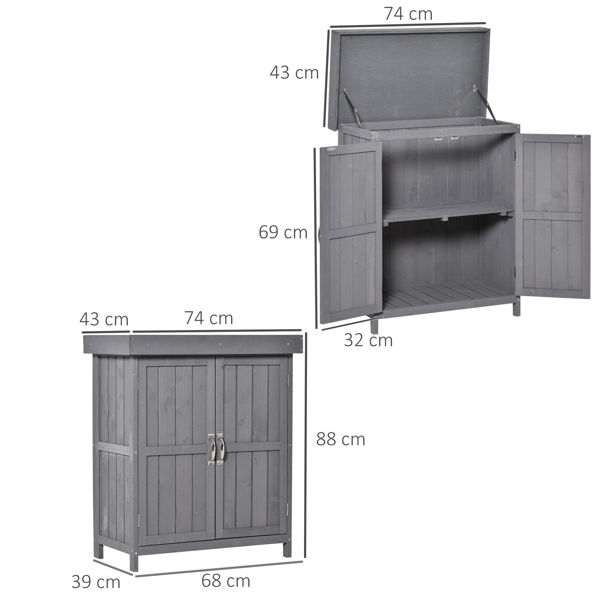 Outsunny 74x43x88cm Garden Shed Storage Wooden Chest Double Doors Shelf Hinged Roof - Garden Shed