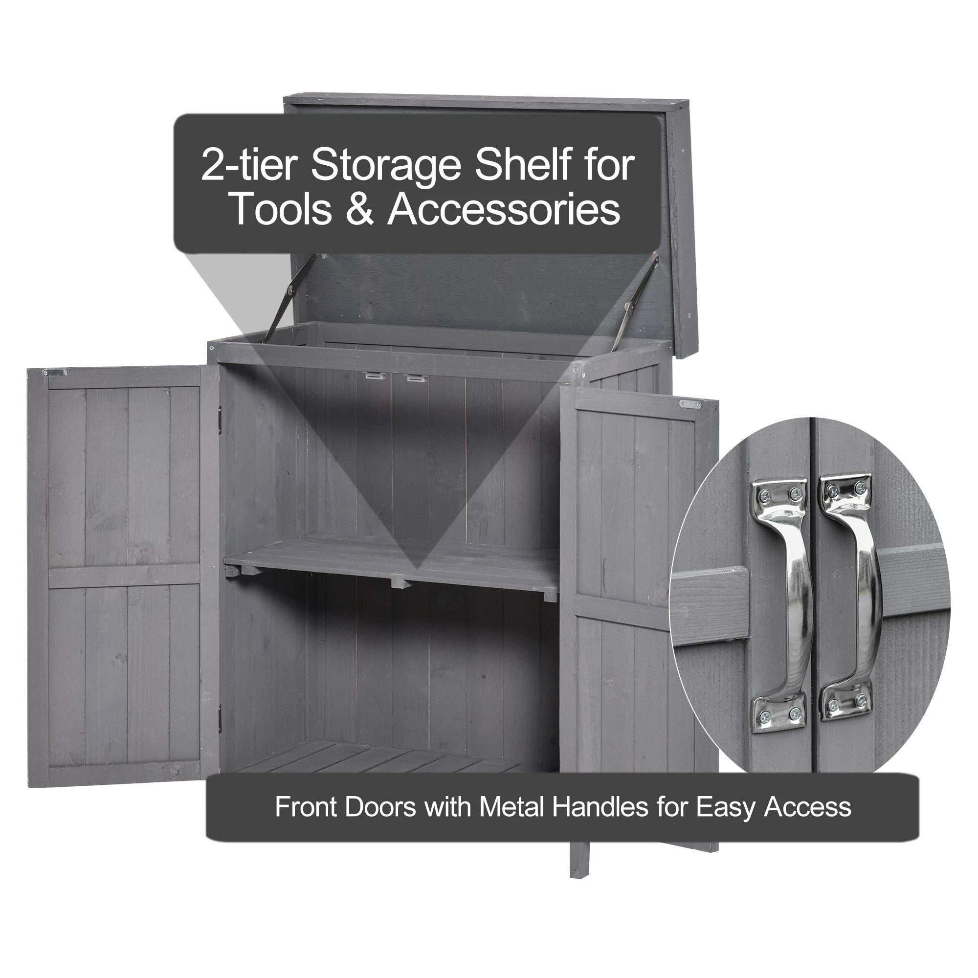 Outsunny 74x43x88cm Garden Shed Storage Wooden Chest Double Doors Shelf Hinged Roof - Garden Shed