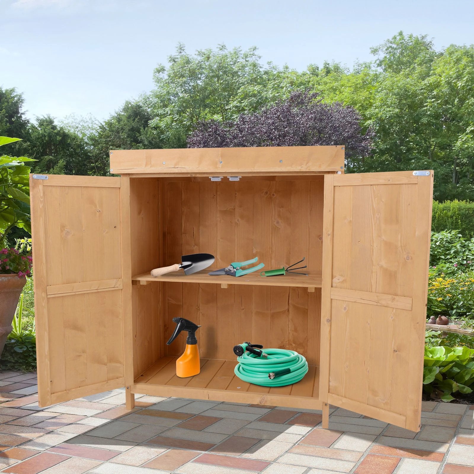 74x43x88cm Garden Shed Storage Wooden Chest Double Doors Shelf Hinged Roof by Outsunny
