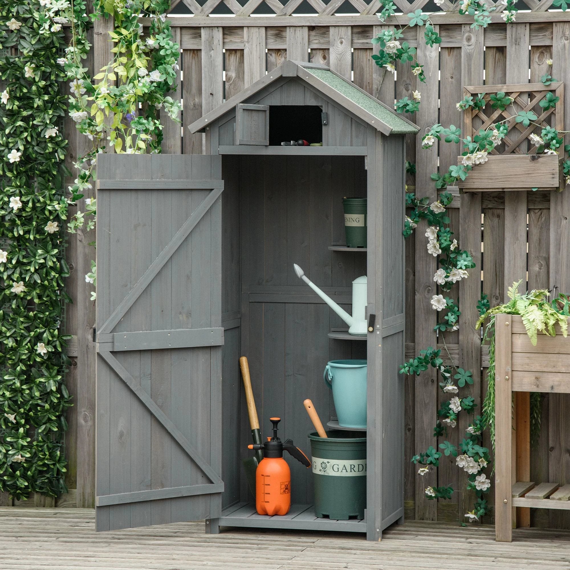 Outsunny Garden Shed Vertical Utility 3 Shelves Wood Tool Storage Unit Cabinet - Uncategorized Garden Shed