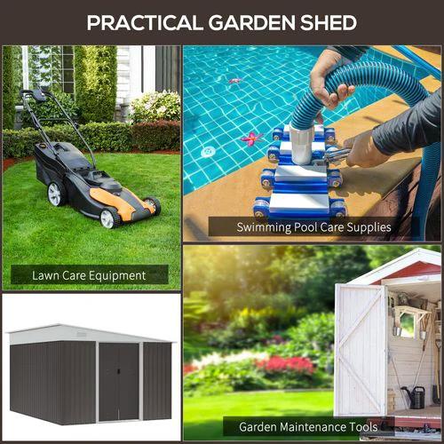 Outsunny 11.3 x 9.2ft Steel Garden Shed Metal Tool House Double Doors & 2 Air Vents, Grey - Garden Shed