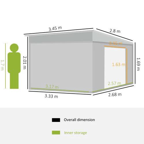 Outsunny 11.3 x 9.2ft Steel Garden Shed Metal Tool House Double Doors & 2 Air Vents, Grey - Garden Shed