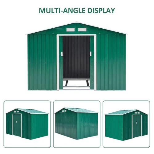 Outsunny Metal 9x6 ft Garden Shed Storage Door Roof Building Container-Green - Garden Shed