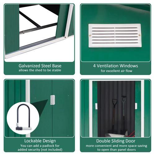 Outsunny Metal 9x6 ft Garden Shed Storage Door Roof Building Container-Green - Garden Shed