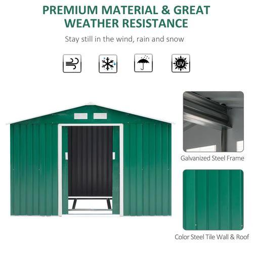 Outsunny Metal 9x6 ft Garden Shed Storage Door Roof Building Container-Green - Garden Shed