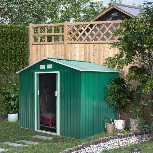 Outsunny Metal 9x6 ft Garden Shed Storage Door Roof Building Container-Green - Garden Shed