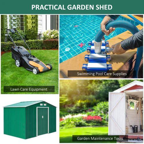 Outsunny Metal 9x6 ft Garden Shed Storage Door Roof Building Container-Green - Garden Shed