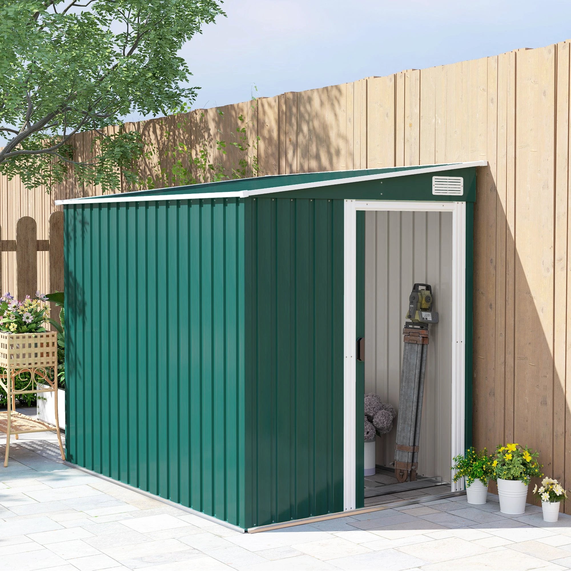 Outsunny 7 x 5FT Garden Shed w/ Foundation Lean to Metal Tool Shed Green by Outsunny
