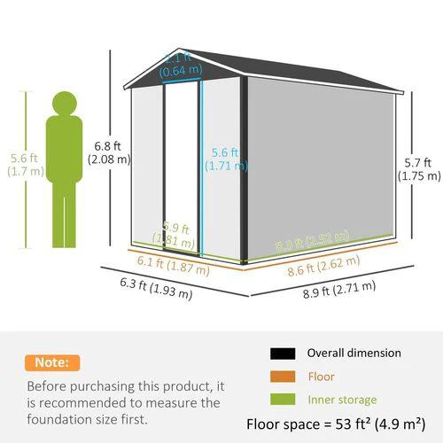 Outsunny Outsunny 9'x6' Galvanised Metal Garden Shed Tool Storage Shed for Patio Grey - Garden Shed
