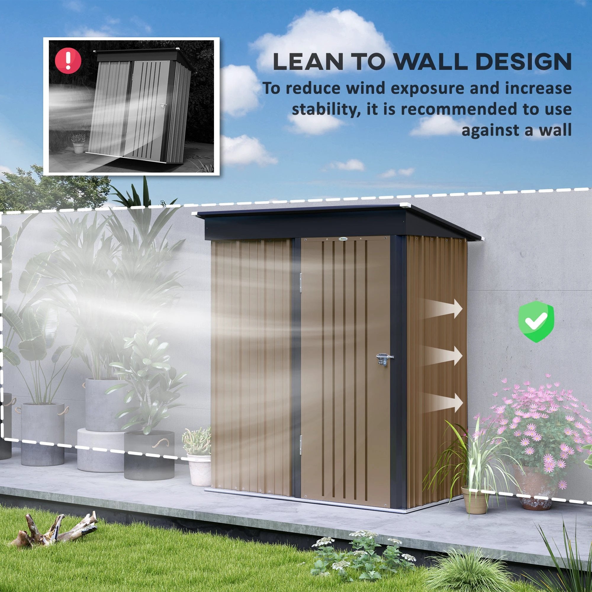 Outsunny Steel Garden Shed, Small Lean-to Shed for Bike, 5x3 ft Brown by Outsunny