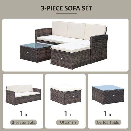Outsunny 3PC Outdoor Patio Furniture Set Wicker Rattan 3-Seater Sofa Chair Couch Brown - Garden Sofa Sets