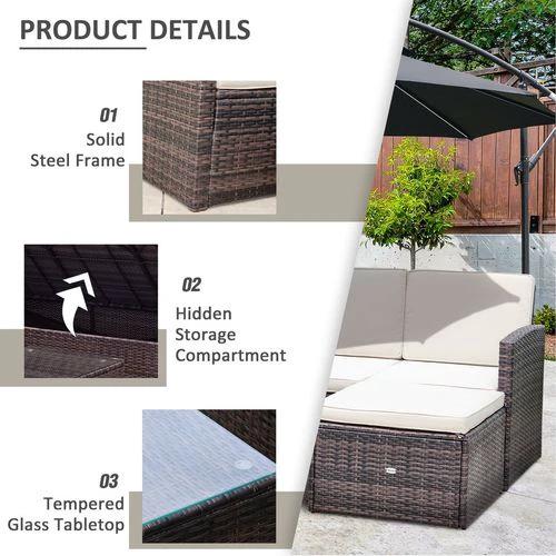 Outsunny 3PC Outdoor Patio Furniture Set Wicker Rattan 3-Seater Sofa Chair Couch Brown - Garden Sofa Sets