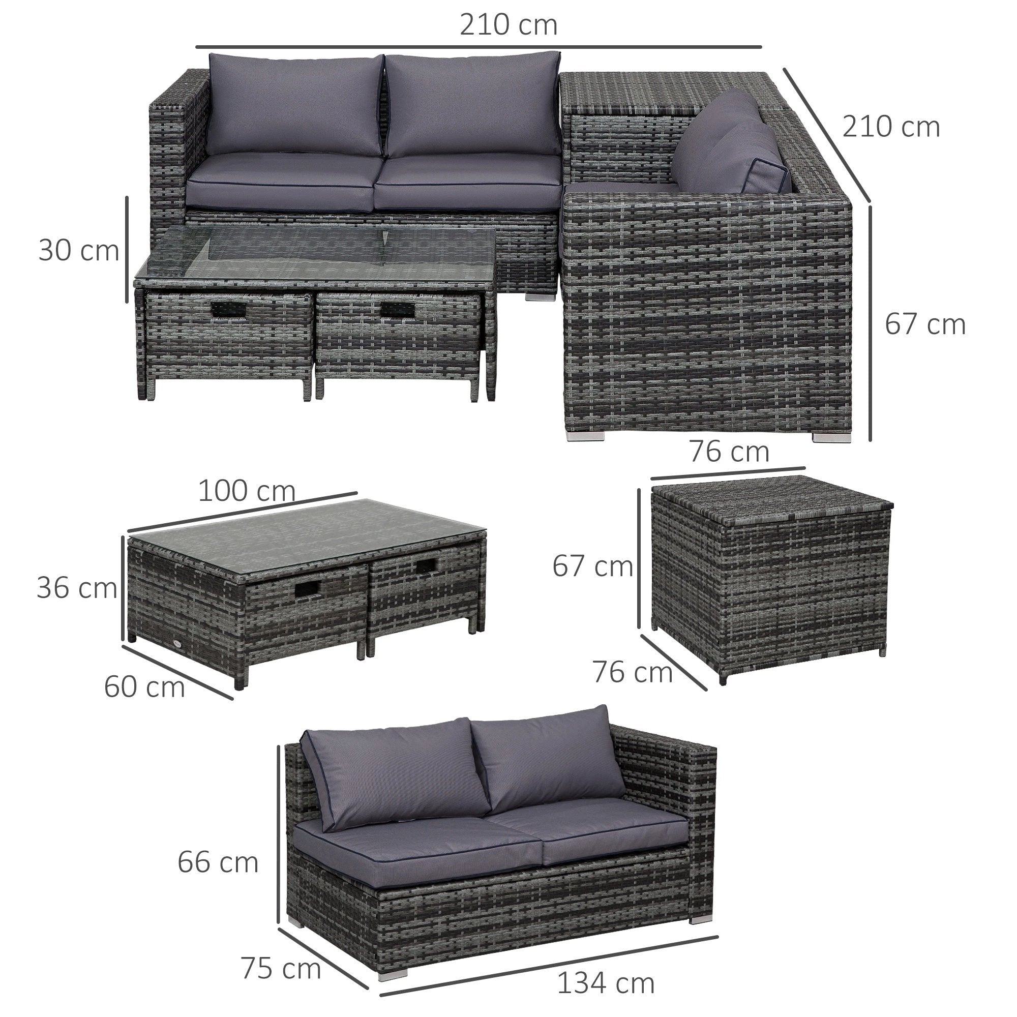 4pcs Rattan Sofa Storage & Table & 2 Drawers Cushions Corner Trunk Coffee Grey by Outsunny