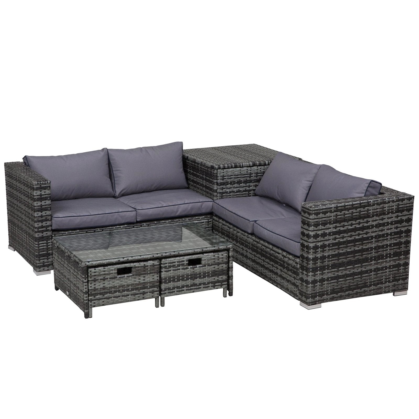 4pcs Rattan Sofa Storage & Table & 2 Drawers Cushions Corner Trunk Coffee Grey by Outsunny