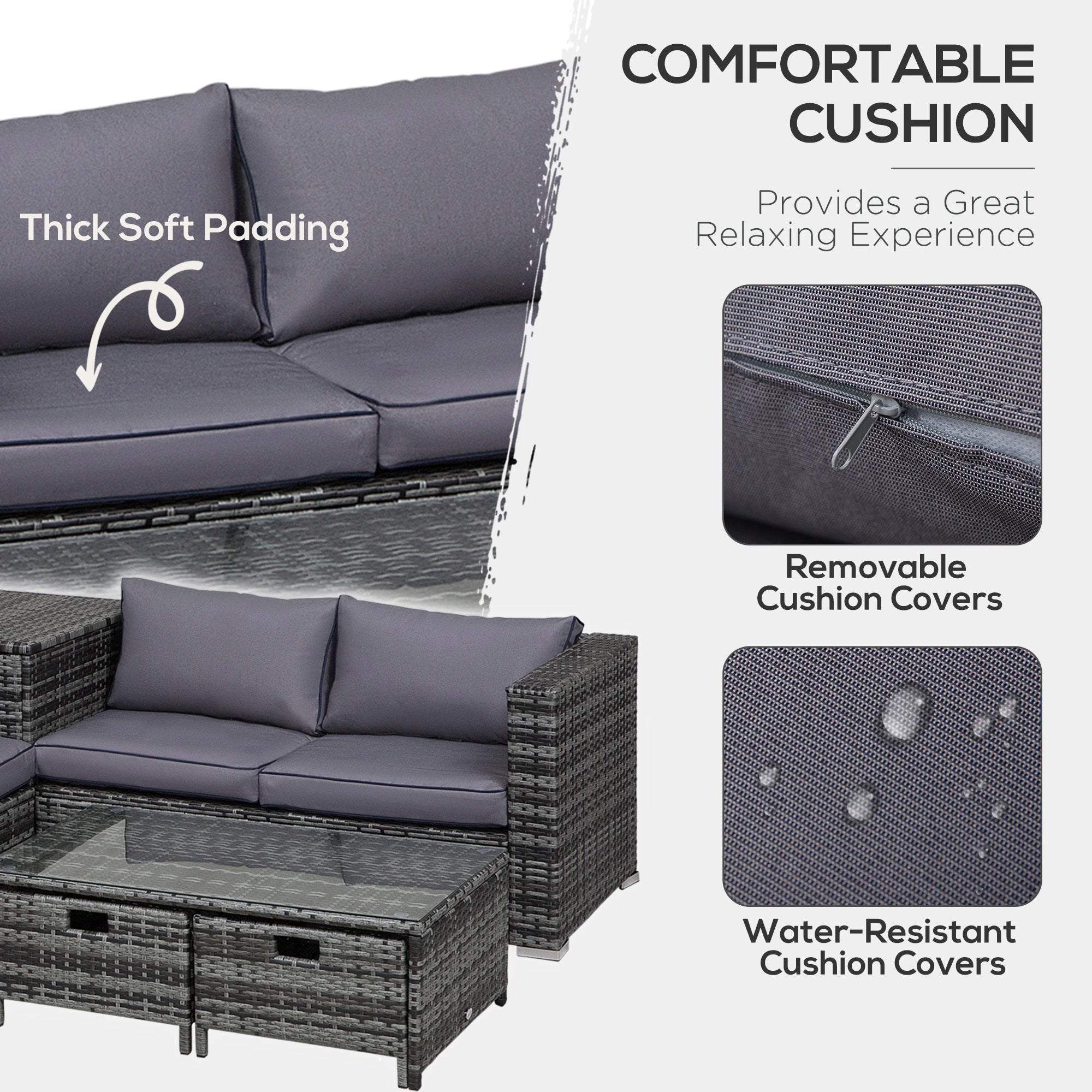 4pcs Rattan Sofa Storage & Table & 2 Drawers Cushions Corner Trunk Coffee Grey by Outsunny