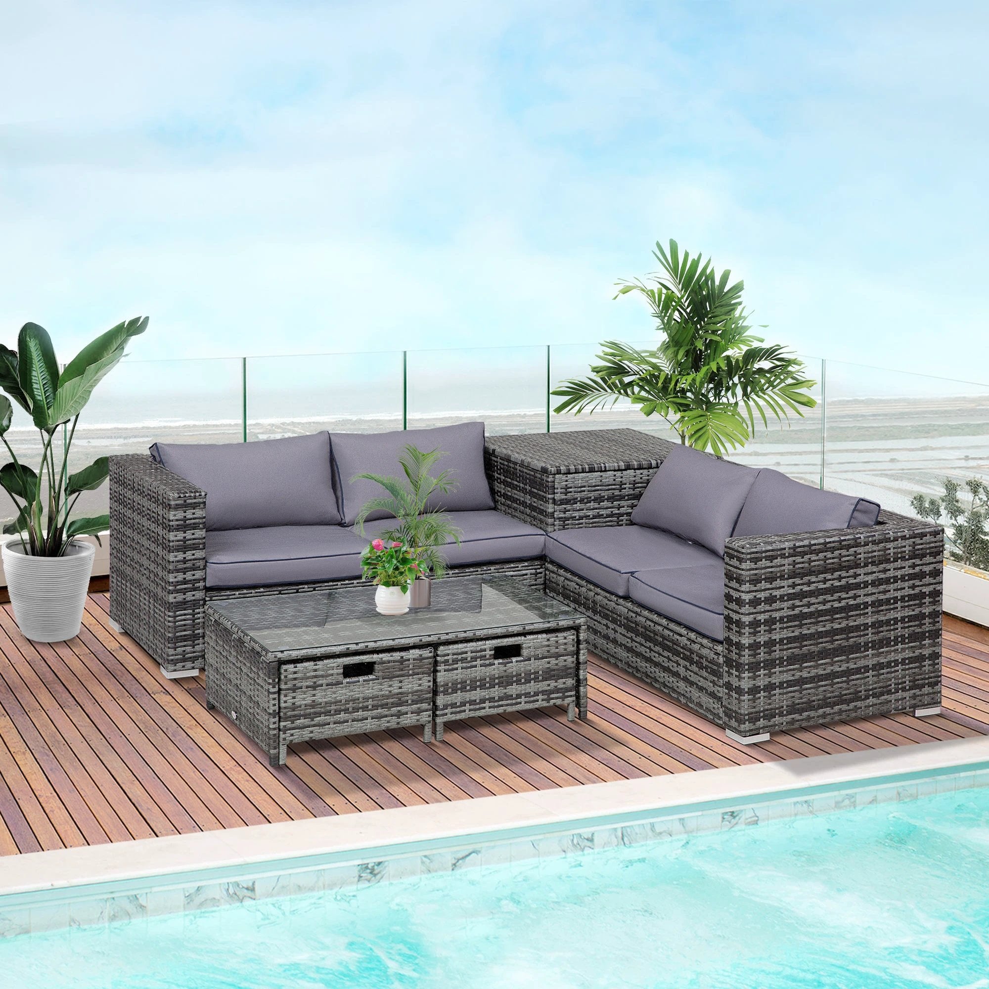 4pcs Rattan Sofa Storage & Table & 2 Drawers Cushions Corner Trunk Coffee Grey by Outsunny