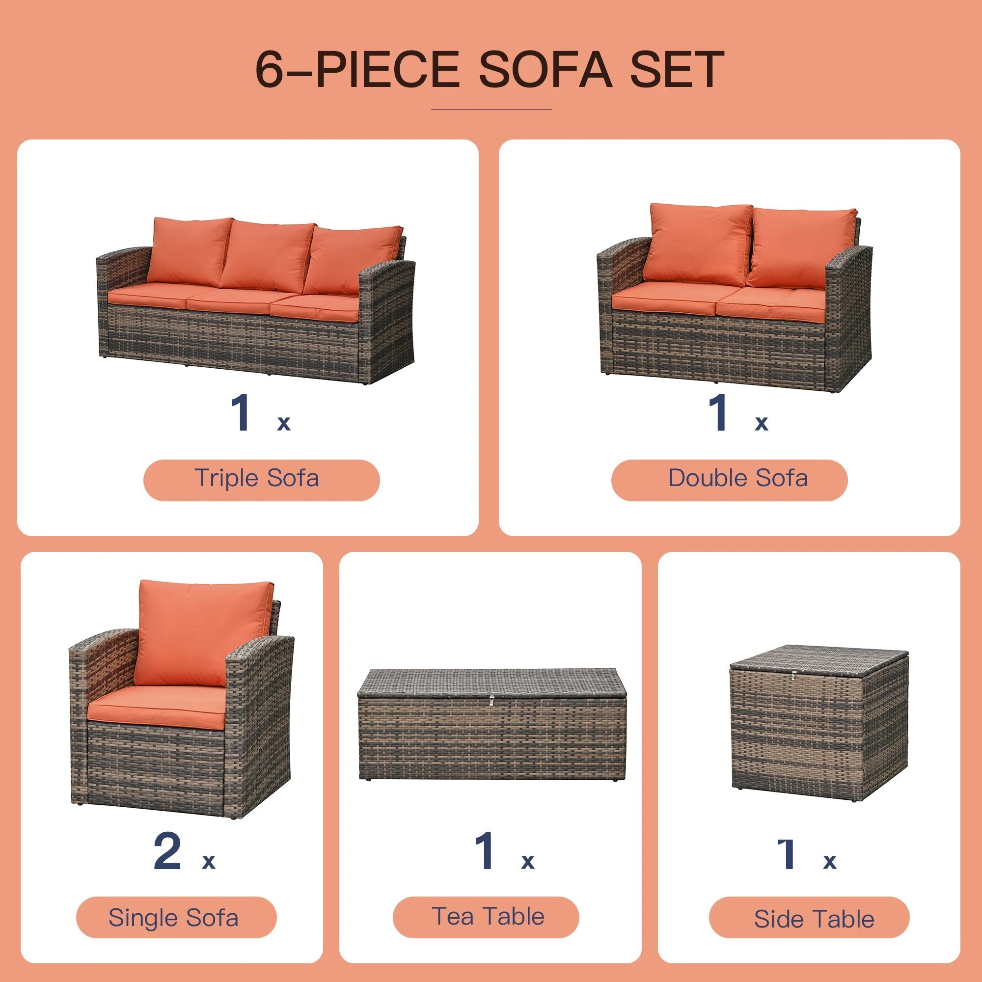 Outsunny 6 Pcs Rattan Wicker Sofa Set Sectional & Storage Table & Cushion Mixed Brown - Garden Sofa Sets