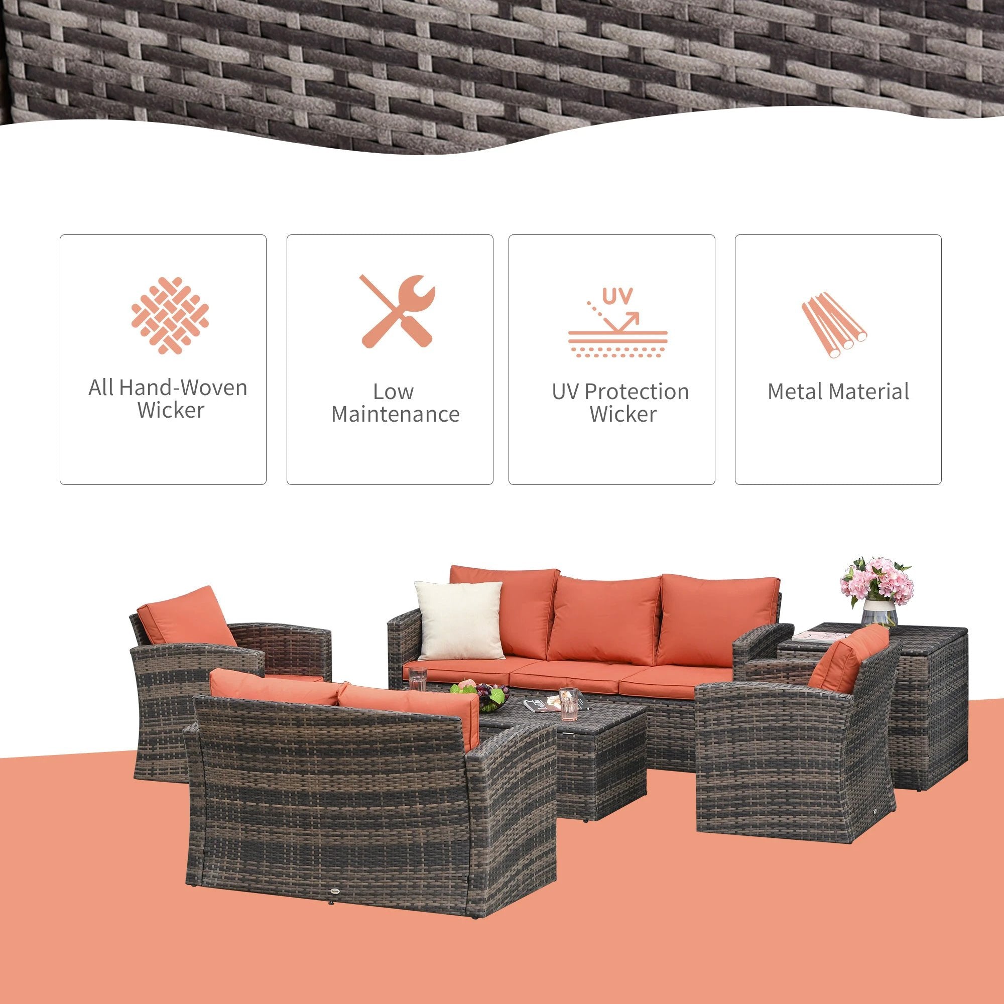 6 Pcs Rattan Wicker Sofa Set Sectional & Storage Table & Cushion Mixed Brown by Outsunny