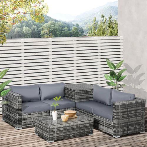 Outsunny 6PC Rattan Corner Sofa Set Table w/ Cushion Grey - Garden Sofa Sets