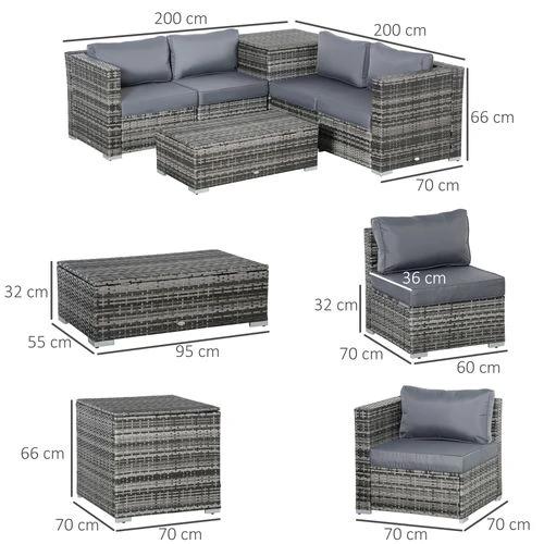 Outsunny 6PC Rattan Corner Sofa Set Table w/ Cushion Grey - Garden Sofa Sets
