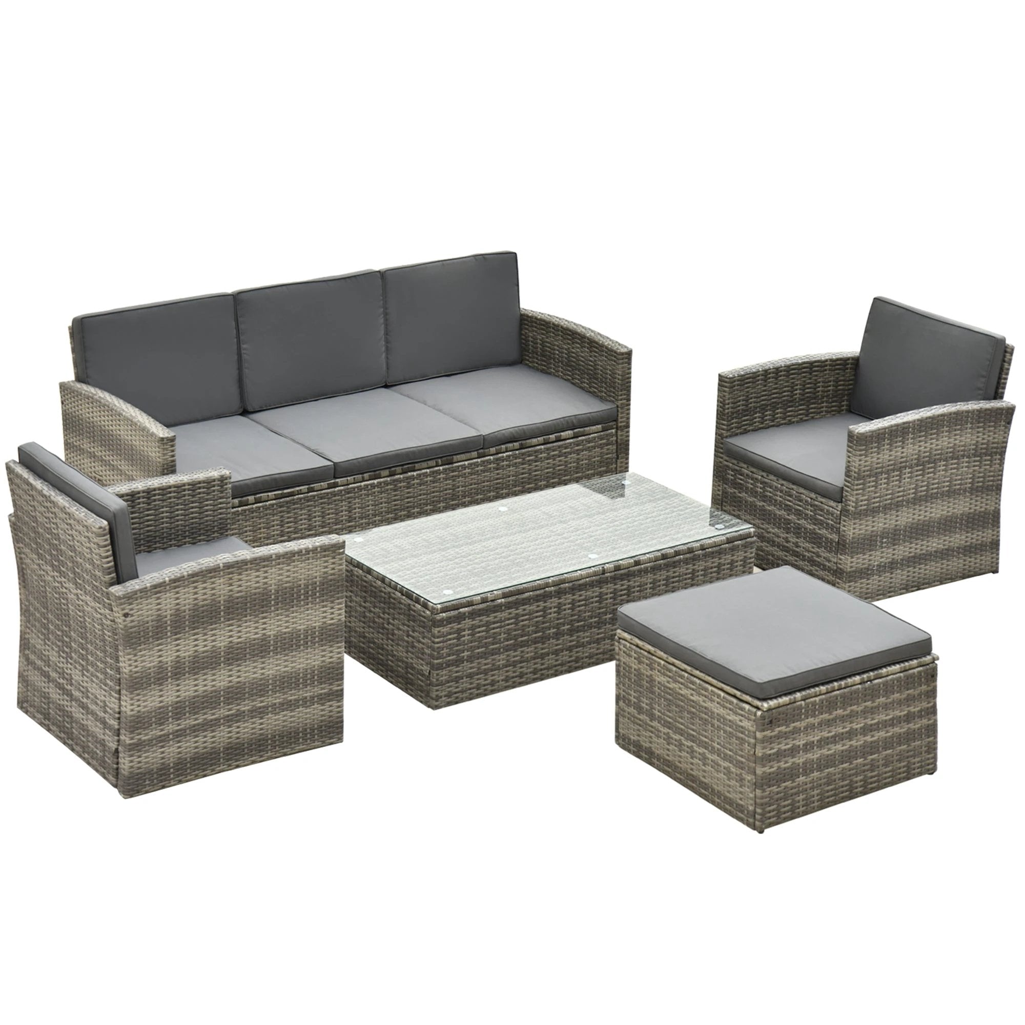 Outsunny 5 PCs Rattan Cushion 3-Seater Single Sofa Stool Glass Coffee Table by Outsunny