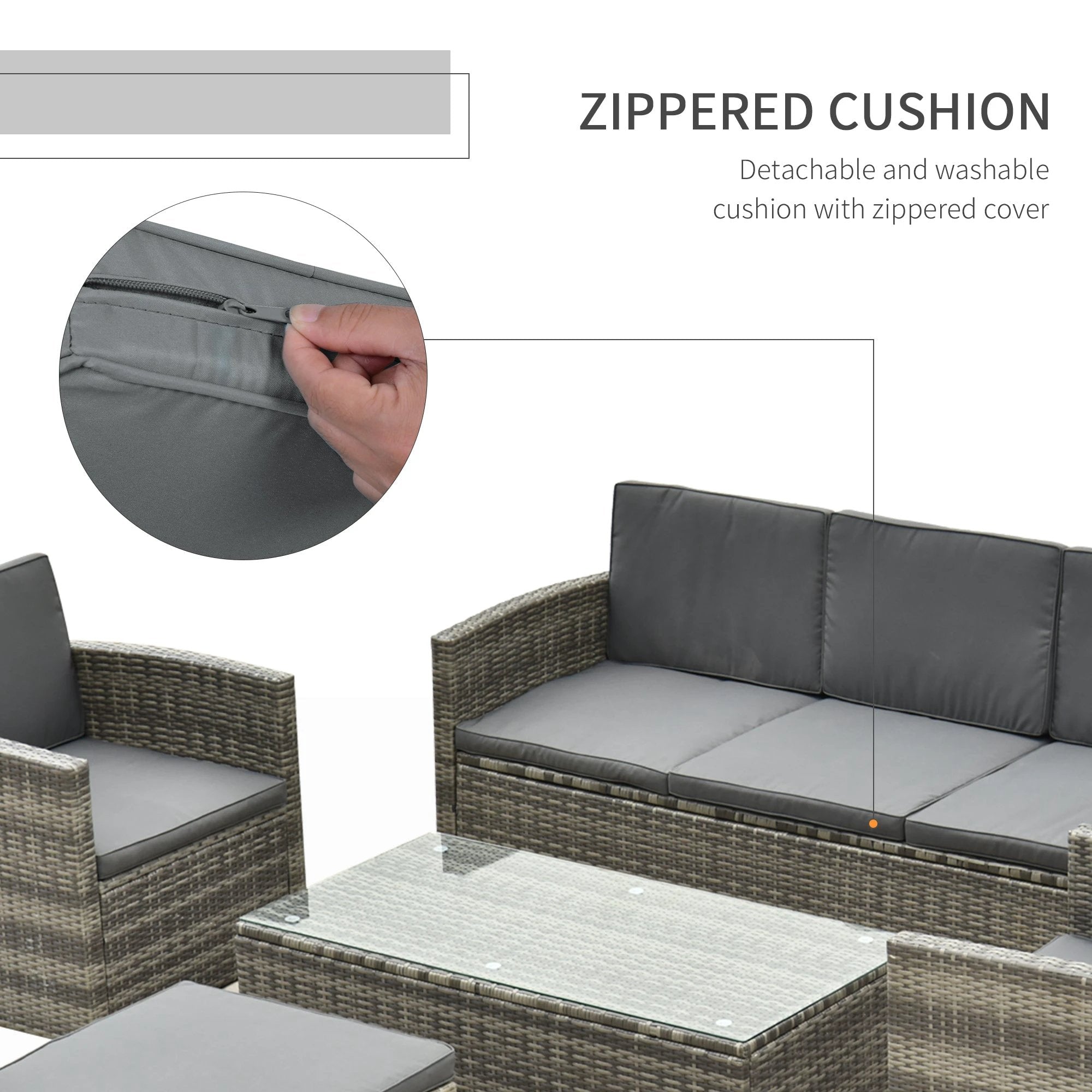 Outsunny Outsunny 5 PCs Rattan Cushion 3-Seater Single Sofa Stool Glass Coffee Table - Garden Sofa Sets