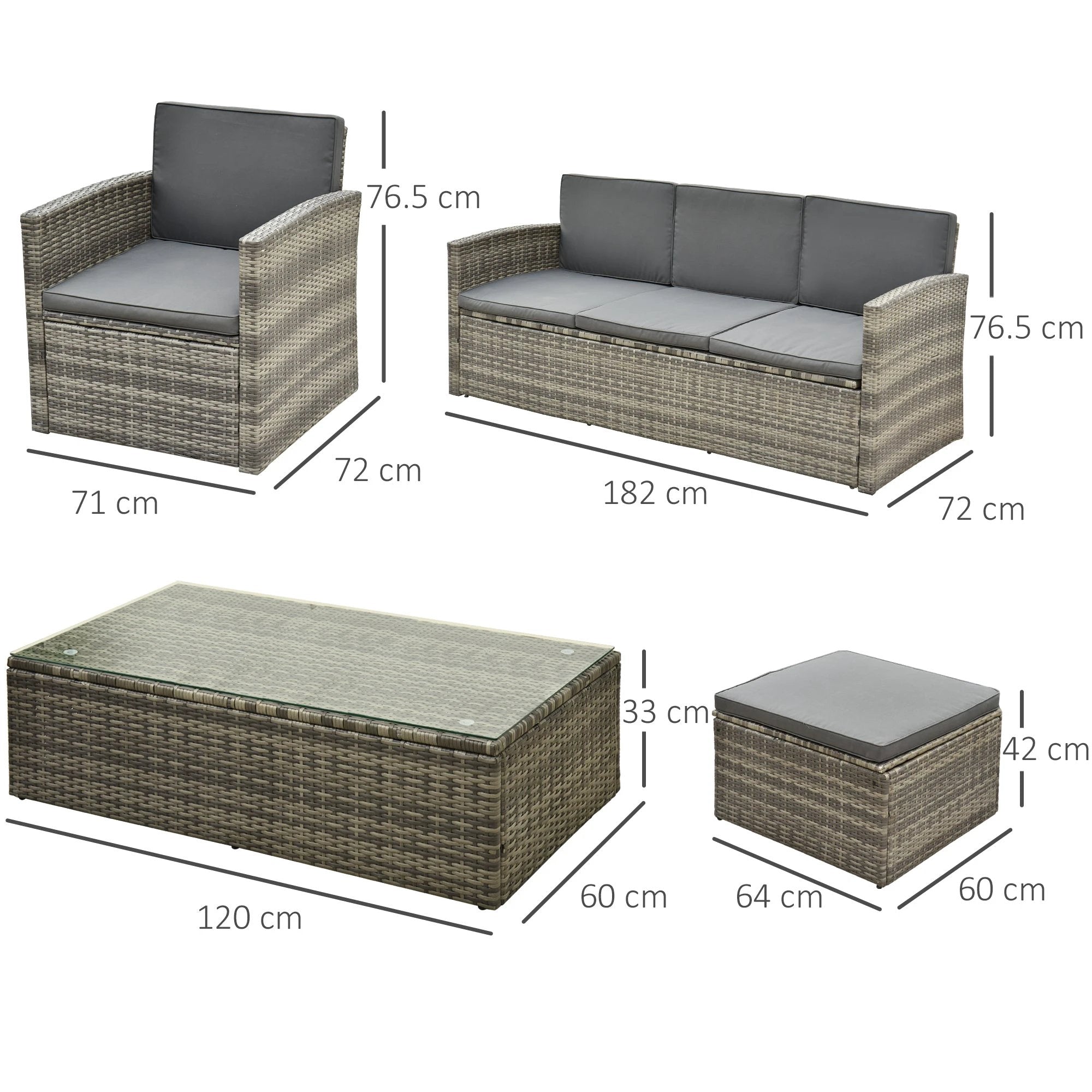 Outsunny Outsunny 5 PCs Rattan Cushion 3-Seater Single Sofa Stool Glass Coffee Table - Garden Sofa Sets