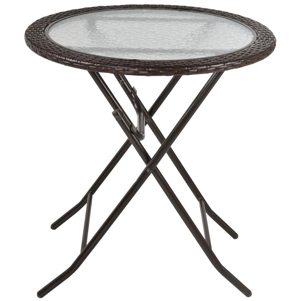 Outsunny Folding Round Tempered Glass Metal Table with Brown Rattan Edging by Outsunny