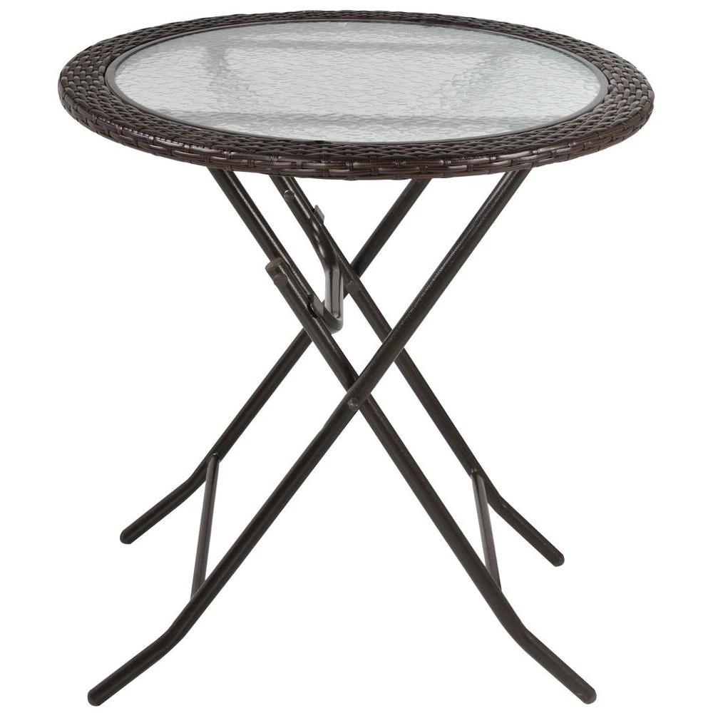 Outsunny Folding Round Tempered Glass Metal Table with Brown Rattan Edging by Outsunny